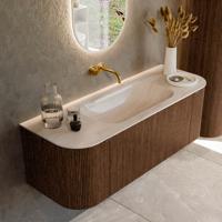 Badmeubel Mondiaz Kurve-Dlux | 130 cm | Meubelkleur Walnut | Wastafelkleur Meli | Solid surface | Wasbak midden spoelbak | Zonder kraangat(en)