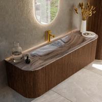 Badmeubel Mondiaz Kurve-Dlux | 150 cm | Meubelkleur Walnut | Wastafelkleur Sombra | Solid surface | Wasbak midden spoelbak | 1 kraangat