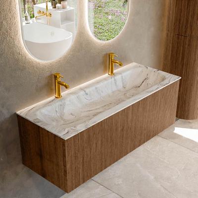 Mondiaz KURVE-DLUX 120 cm Onderkast Greeploos 1 Lade Zonder Deuren Walnut, Wastafel Solid Surface Volledig Glace 2 Kraangaten Zonder Spiegel (KRVBGL1201L0D2KM-Wal/Gla)
