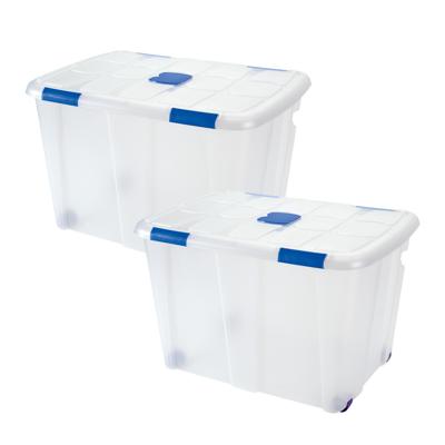 Plasticforte Opslagbak/box met deksel - 2x - 130L - 74 x 54 x 48 cm - transparant - met wielen