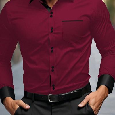 Bon&Bon Men's Khaki Casual Shirt - Long Sleeve Colorblock Polyester Burgundy / L