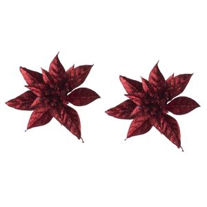 2x stuks decoratie bloemen kerstster rood glitter op clip 15 cm