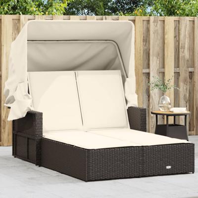Ligbed 2-persoons met luifel en kussens poly rattan bruin