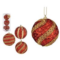 Gedecoreerde kerstballen - 12x stuks - rood/goud - kunststof - 8 cm - thumbnail