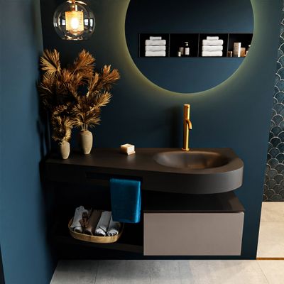 MONDIAZ RIVA 120cm badmeubel onderkast / planchet kleur Smoke met 1 lade. Wastafel DULCET rechts 1 kraangat kleur Urban. MONDIAZ RIVA 120cm badmeubel onderkast / planchet kleur Smoke met 1 lade. Wastafel DULCET rechts 1 kraangat kleur Urban.