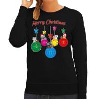 Foute Kersttrui/sweater voor dames - kerstballen - zwart - kerstpoesjes - Merry Christmas - thumbnail