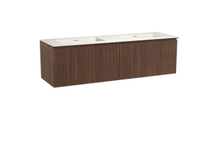 Storke Ribs zwevend badmeubel 170 x 52 cm notenhout met Mata dubbele wastafel in solid surface mat wit Verticale symmetrische rechte ribbel