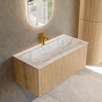 Badmeubel Mondiaz Kurve-Dlux | 100 cm | Meubelkleur Oak | Wastafelkleur Glace | Solid surface | Midden spoelbak | 1 kraangat Badmeubel Mondiaz Kurve-Dlux | 100 cm | Meubelkleur Oak | Wastafelkleur Glace | Solid surface | Midden spoelbak | 1 kraangat
