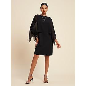 dames chiffon bruiloftsgast zwarte jurk losse cape mini-jurk bodycon jurk