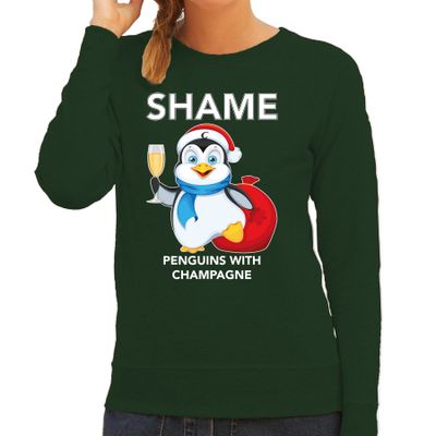 Pinguin Kerstsweater / outfit Shame penguins with champagne groen voor dames Pinguin Kerstsweater / outfit Shame penguins with champagne groen voor dames