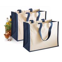 Jute katoenen boodschappentas - 2x stuks - donkerblauw/natural - 44 x 33 x 19 cm - 20 liter - draagt