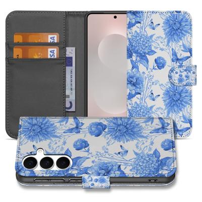 Samsung Galaxy S25 FE Portemonnee Hoesje Blauw Bloemen PU-Leer 3 Pasjes