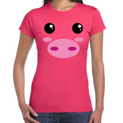 Varkens gezicht funny faces - verkleed t-shirt - roze - voor dames - dieren - verkleedkleding