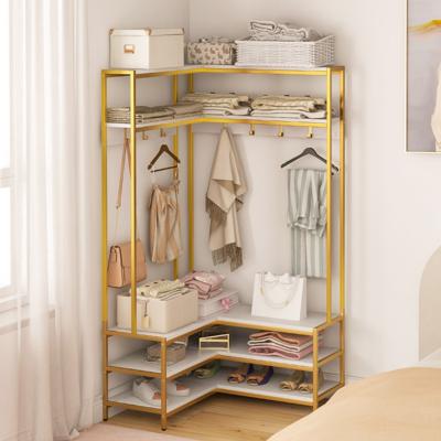 Hoek Kledingrek Open Planken 7 Haken Solide Metalen Frame Anti-Kantelset Organiser voor Slaapkamer Garderobe