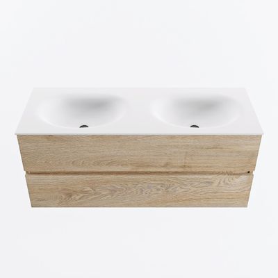 MONDIAZ VICA 120cm badmeubel onderkast Washed Oak 2 lades. Wastafel MOON dubbel 2 kraangaten, kleur Talc.