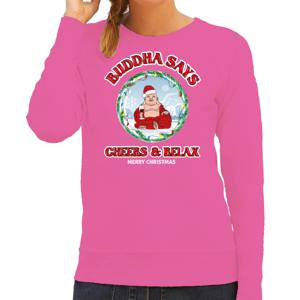 Foute Kersttrui/sweater voor dames - buddha says cheers & relax - roze - proost - wijn