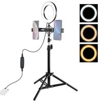 PULUZ 75cm statief mount + live uitzending dubbele telefoon beugel + 6 2 inch LED ring Vloggen Video Light kits