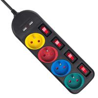 Maclean - Stekkerdoos met schakelaars met penaarde - 4-voudig + 2x USB - 250VAC/10A, 2,1A 5V - 1.5m - Zwart