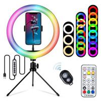 S26-RGB 10 RGB LED Ring Light Selfie Fotografie Invullicht met Telefoonhouder en Statief - thumbnail