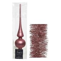 Kerstversiering glazen piek mat 26 cm en folieslingers pakket oud roze van 3x stuks