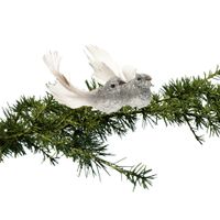 kerstboom vogels op clip 2x stuks - glitter zilver 10 cm - thumbnail