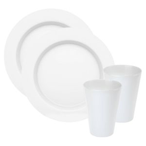Juypal Servies set - 12x borden en drinkbekers - wit- kunststof - herbruikbaar - Bordjes