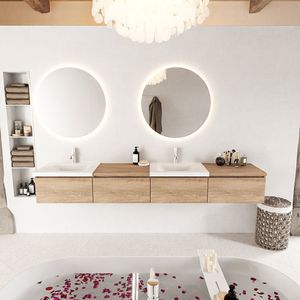 MONDIAZ BUKLA 240cm badmeubel met module 60 rechts kleur Washed Oak met 4 lades. Wastafel CLOUD dubbel 2 kraangaten kleur Talc.