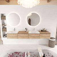 MONDIAZ BUKLA 240cm badmeubel met module 60 rechts kleur Washed Oak met 4 lades. Wastafel CLOUD dubbel 2 kraangaten kleur Talc.