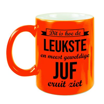 Leukste en meest geweldige juf cadeau koffiemok / theebeker neon oranje 330 ml Leukste en meest geweldige juf cadeau koffiemok / theebeker neon oranje 330 ml