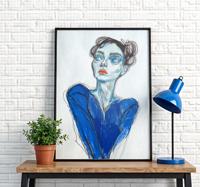 Dame in blauwe kledij poster artistieke tekening