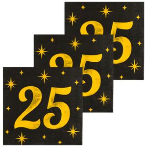 Verjaardag feest servetten - leeftijd 25 jaar - 48x stuks - zwart/goud - sterren - 17 x 19 cm