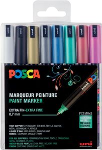 Uni POSCA paintmarker PC-1MC, 0,7 mm, etui met 8 stuks in geassorteerde metallic kleuren