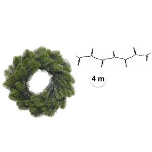 Groene kerstkrans/dennenkrans/deurkrans 50 cm inclusief helder witte verlichting