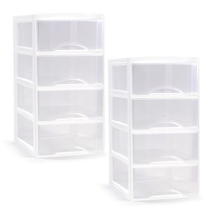 Ladeblokje/bureau organizer - 2x stuks - 4 lades - transparant/wit - L18 x B25 x H33 cm - plastic