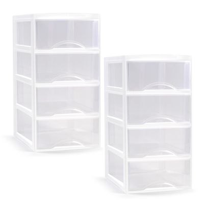 Ladeblokje/bureau organizer - 2x stuks - 4 lades - transparant/wit - L18 x B25 x H33 cm - plastic