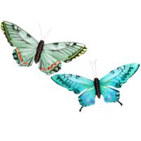Wanddecoratie vlinders - 2x stuks - groen en aqua - 49 x 34 cm - metaal - muurdecoratie tuin