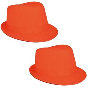 2x stuks neon oranje trilby carnaval verkleed hoedje