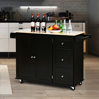 Mobiele Keukenwagen met Opklapbaar Werkblad Kookeiland 136 x 76 x 91 cm Zwart