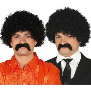 Verkleedpruik afro voor heren met krullen - inclusief snor - zwart - foute party