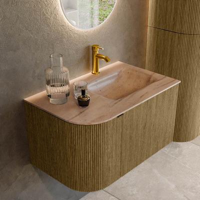 Badmeubel Mondiaz Kurve-Dlux | 75 cm | Meubelkleur Dusk | Wastafelkleur Saba | Solid surface | Wasbak rechter zijde spoelbak | 1 kraangat