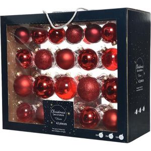 42x Glazen kerstballen glans/mat/glitter kerst rood 5-6-7 cm kerstboom versiering/decoratie   -