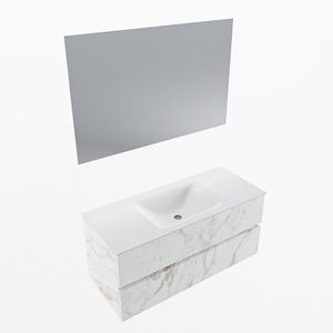 MONDIAZ VICA 110cm badmeubel onderkast Carrara 2 lades. Wastafel CLOUD midden 1 kraangat, kleur Talc met spiegel LED.