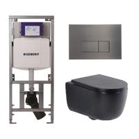 QeramiQ Dely Swirl Toiletset - 36.3x51.7cm - Geberit UP320 Burda inbouwreservoir - slim zitting - gunmetal bedieningsplaat - rechthoekige knoppen - mat zwart 0701131/SW706199/SW1000768/SW1026258