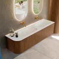 Mondiaz KURVE-DLUX 165 cm Onderkast Greeploos 2 Lades Met Deuren Walnut, Wastafel Solid Surface Rechts Opalo 0 Kraangaten Zonder Spiegel (KRVSTS165L2L1D0KD-Wal/Opa)