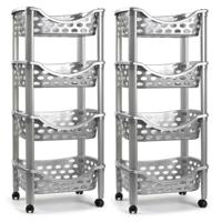 Plasticforte trolley - 2x - keukentrolley op wieltjes - 4-laags - zilver - kunststof - 40 x 88 cm