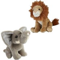 Knuffeldieren set leeuw en olifant pluche knuffels 18 cm