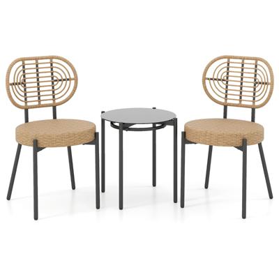 3-Delige PE-Rotan Outdoor Bistroset Patio-Gespreksset met Temperatuurgehard Glazen Salontafel en Rotanstoelen
