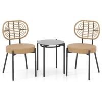 3-Delige PE-Rotan Outdoor Bistroset Patio-Gespreksset met Temperatuurgehard Glazen Salontafel en Rotanstoelen