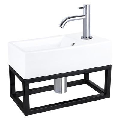Differnz Force fonteinset - 40x22x11.5cm - Rechthoek - 1 kraangat - Gebogen chromen kraan - met zwart frame - Keramiek Wit 38.401.61