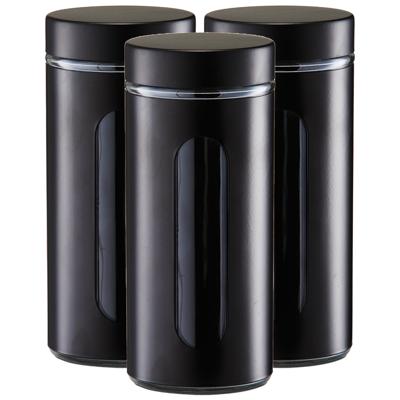 Voorraadpot / blik met venster - 3x - zwart - 1200 ml - glas/metaal - D10 x H23 cm